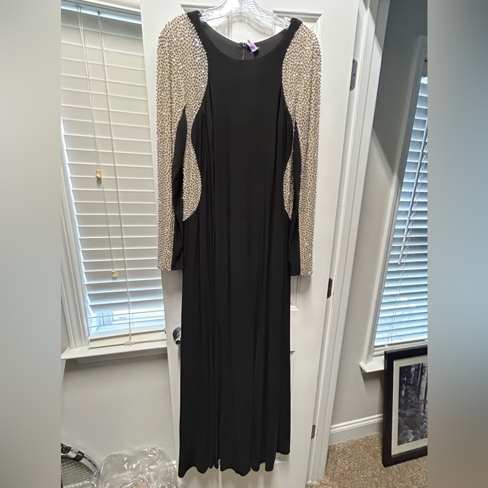 Xscape Black Beaded Sheer Illusion Gown Cocktail Dress